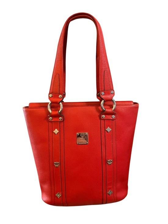 MCM Handbags - MCM Coral Red Pebbled Leather Studded Tote Bag